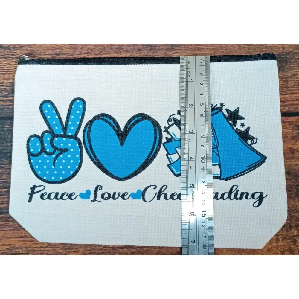 Peace Love Cheerleading Blue Canvas Makeup Bag Zipper Pouch Travel Toiletry Case